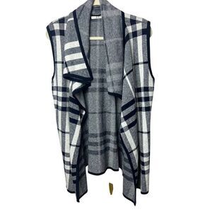 OST Navy Plaid Cotton Cashmere Long Open Sweater NWT Sz. L